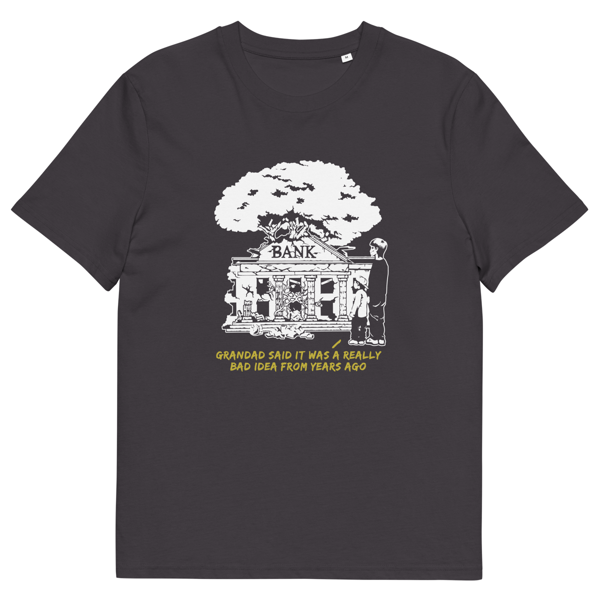 Anthracite grey t-shirt  with a design of a run down Bank.