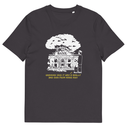 Anthracite grey t-shirt  with a design of a run down Bank.