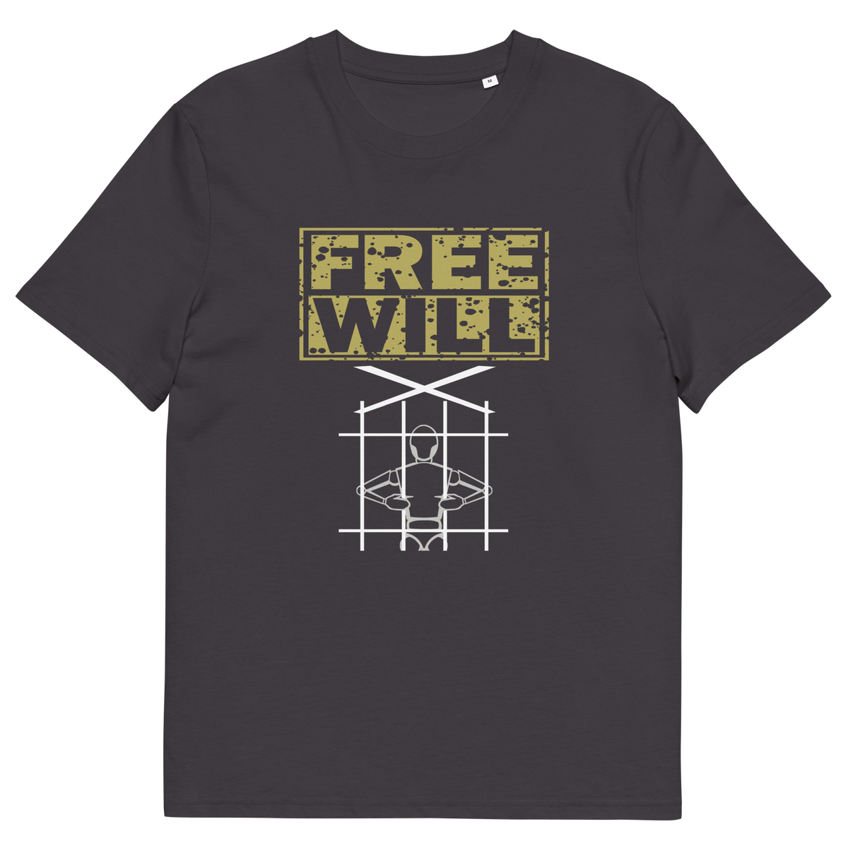 An anthracite grey t-shirt with a distressed yellow and white graphic on the front. The graphic features the text 'FREE WILL' in a blocky, weathered yellow font above a white line drawing of a person inside a cage.