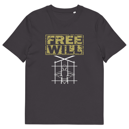 An anthracite grey t-shirt with a distressed yellow and white graphic on the front. The graphic features the text 'FREE WILL' in a blocky, weathered yellow font above a white line drawing of a person inside a cage.