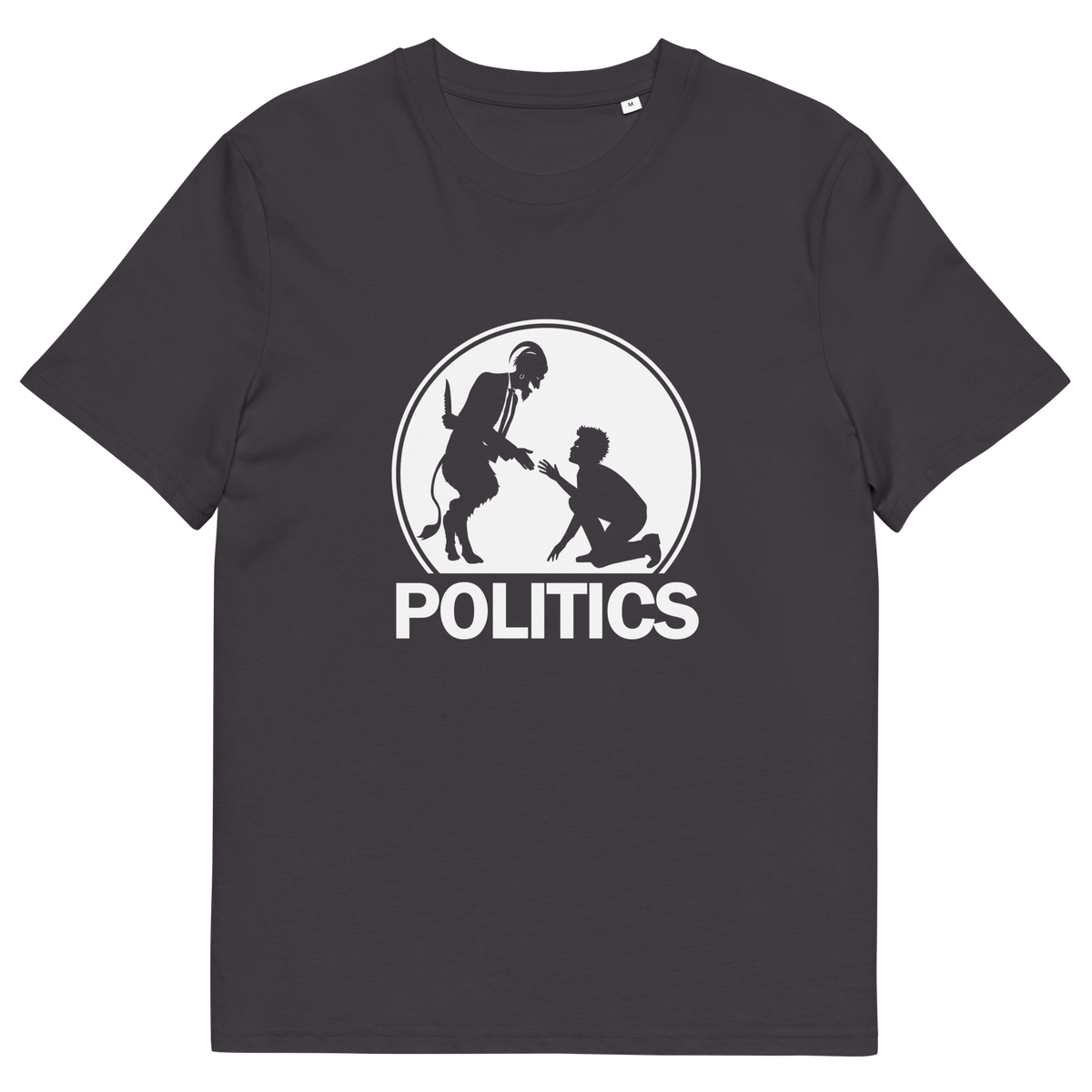 An anthracite grey short-sleeve t-shirt with a white graphic print on the front. The graphic features a circular illustration of a standing figure reaching toward a kneeling figure, with the word 'POLITICS' printed in bold white capital letters underneath.