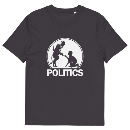 An anthracite grey short-sleeve t-shirt with a white graphic print on the front. The graphic features a circular illustration of a standing figure reaching toward a kneeling figure, with the word 'POLITICS' printed in bold white capital letters underneath.