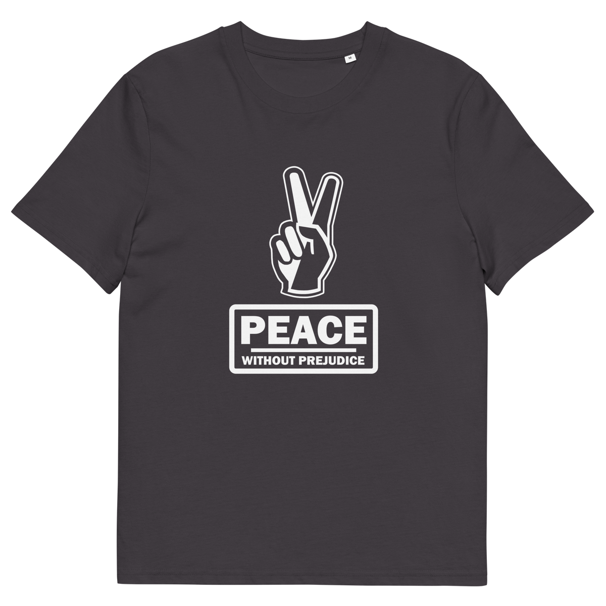 An anthracite t-shirt with a white printed peace sign and "Peace without prejudice" written underneath.
