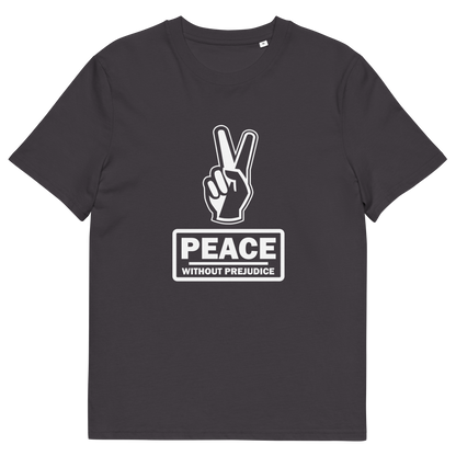 An anthracite t-shirt with a white printed peace sign and "Peace without prejudice" written underneath.