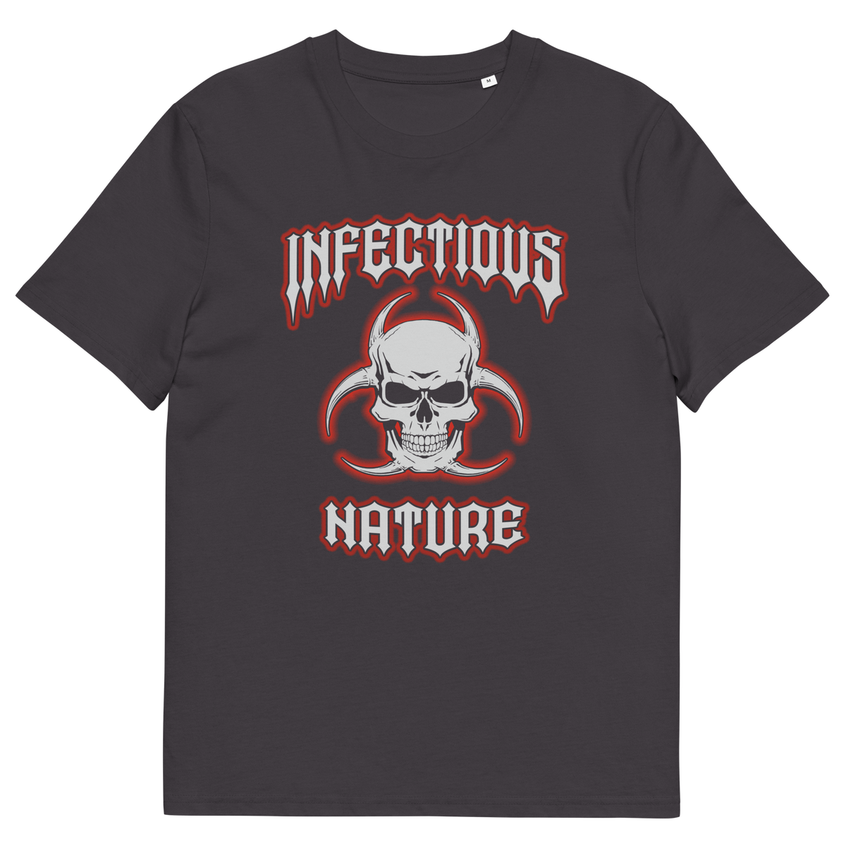 An anthracite t-shirt with a skull and biohazard logo and "INFECTIOUS NATURE" text.