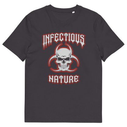 An anthracite t-shirt with a skull and biohazard logo and "INFECTIOUS NATURE" text.