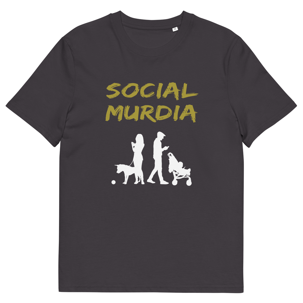 An anthracite t-shirt with a silhouette of two people on the phone while ignoring a dog and a baby and the text "SOCIAL MURDIA".
