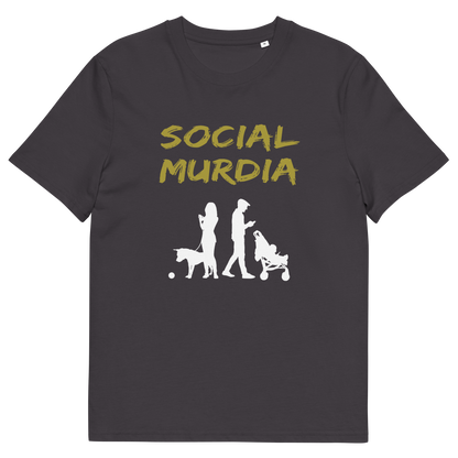 An anthracite t-shirt with a silhouette of two people on the phone while ignoring a dog and a baby and the text "SOCIAL MURDIA".