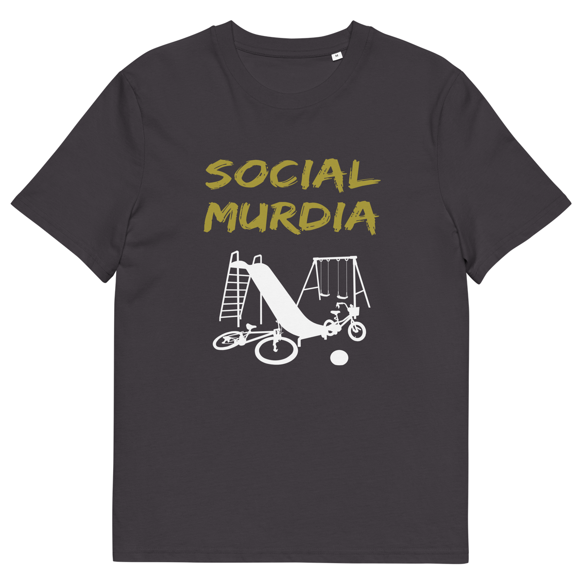 An anthracite grey t-shirt with a silhouette of an empty playground and the text "SOCIAL MURDIA".