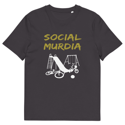 An anthracite grey t-shirt with a silhouette of an empty playground and the text "SOCIAL MURDIA".