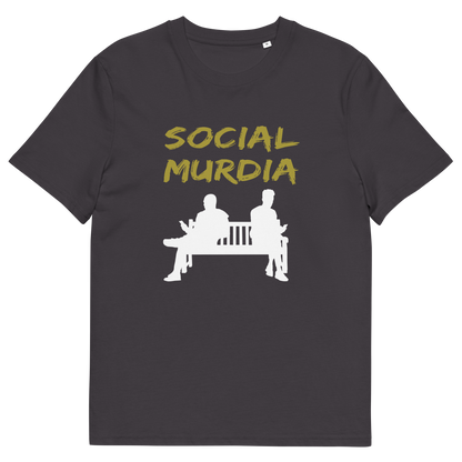 An anthracite grey t-shit with a graphic print on the front. The print features the words 'SOCIAL MURDIA' in a textured mustard yellow font above a white silhouette of two people sitting on a bench.