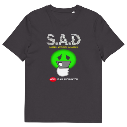 An anthracite grey t-shirt with " S.A.D Screen attention disorder" text and a sick looking emoji face.