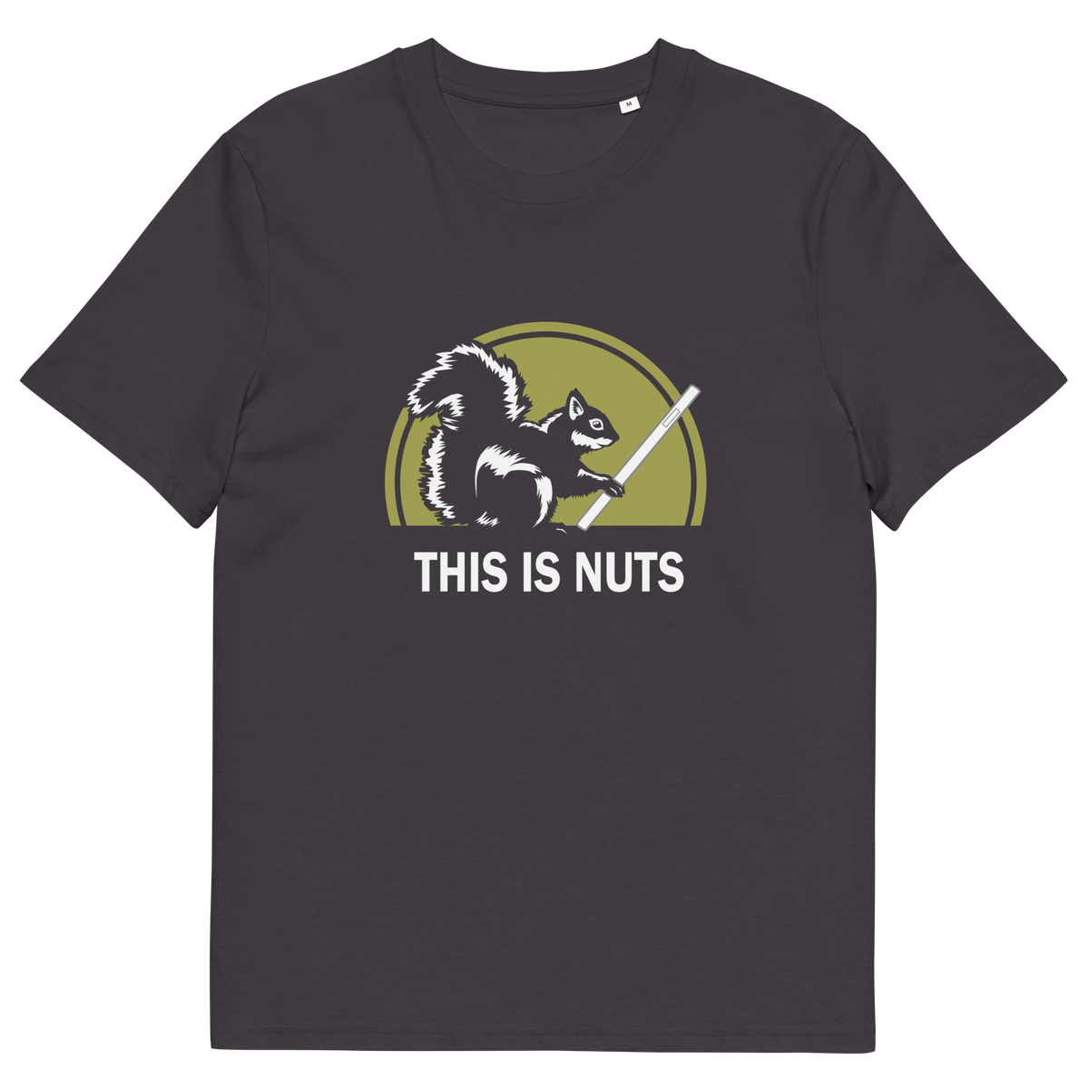 An anthracite grey t-shirt featuring a graphic of a squirrel holding a smartphone in front of a yellow-green circle, with the text 'THIS IS NUTS' printed below in white.