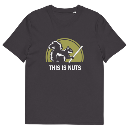 An anthracite grey t-shirt featuring a graphic of a squirrel holding a smartphone in front of a yellow-green circle, with the text 'THIS IS NUTS' printed below in white.