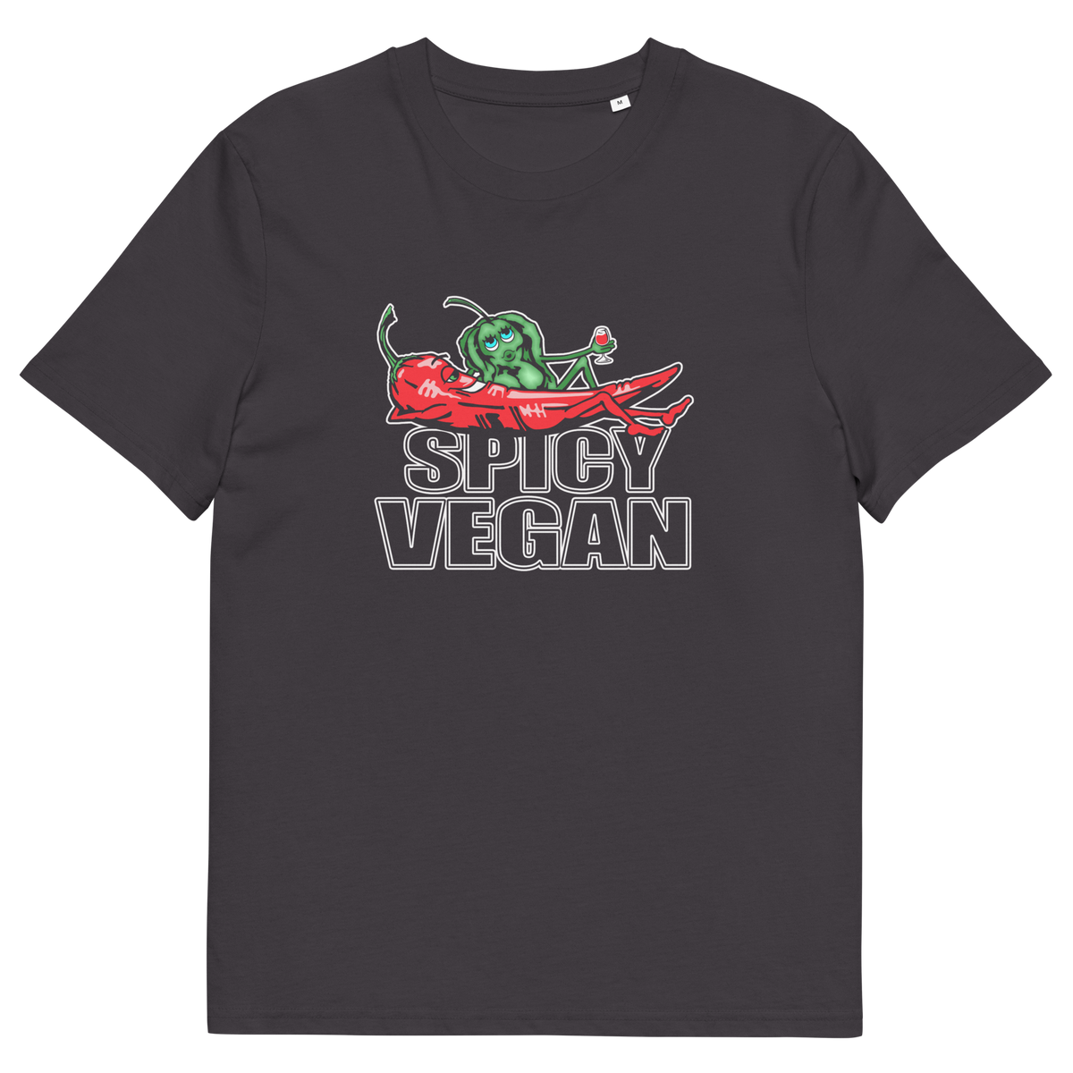An anthracite grey crewneck t-shirt featuring a graphic print of a green chili pepper and a red chilli character with the text 'SPICY VEGAN' underneath.