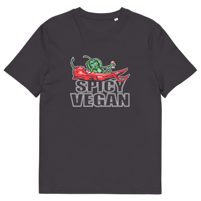 An anthracite grey crewneck t-shirt featuring a graphic print of a green chili pepper and a red chilli character with the text 'SPICY VEGAN' underneath.
