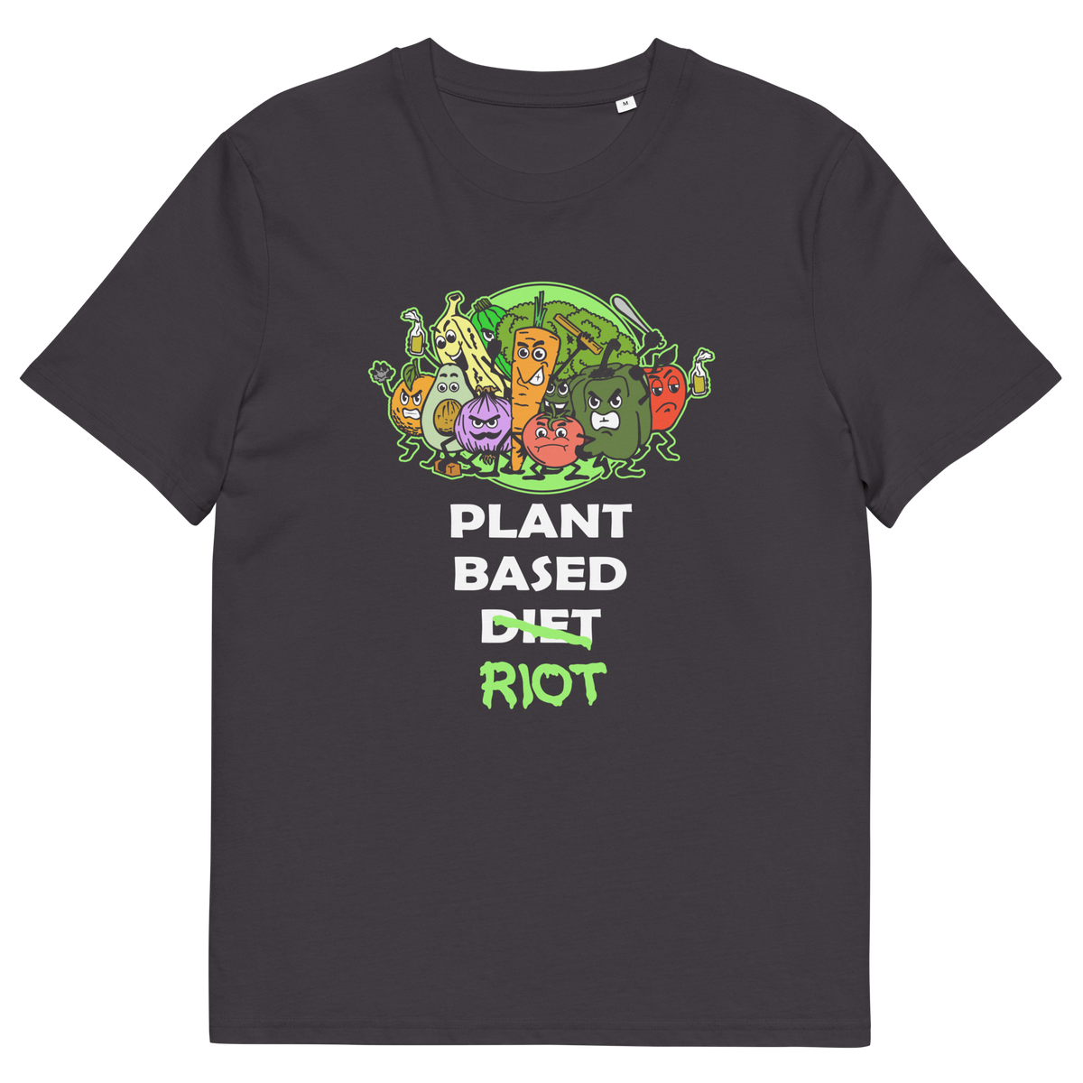 An anthracite grey t-shirt with a colourful graphic of cartoon vegetables and the text 'PLANT BASED DIET RIOT' printed on the front.