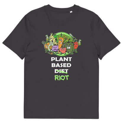 An anthracite grey t-shirt with a colourful graphic of cartoon vegetables and the text 'PLANT BASED DIET RIOT' printed on the front.