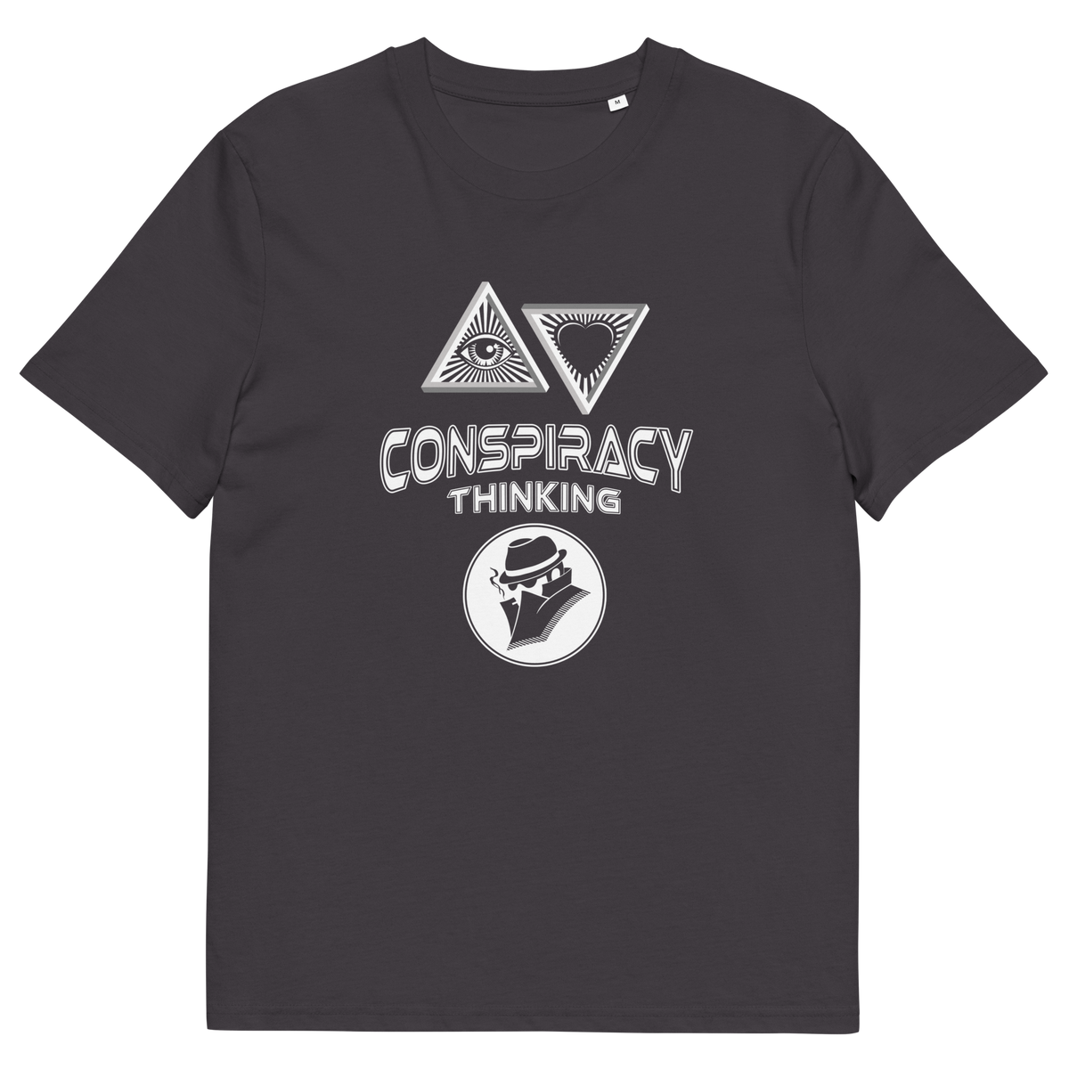 An anthracite grey short-sleeve t-shirt with a white graphic print on the front. The graphic features two triangles enclosing eyes and a heart, the words 'CONSPIRACY THINKING' in a distressed stencil font, and a circular logo of a man in a fedora and suit.