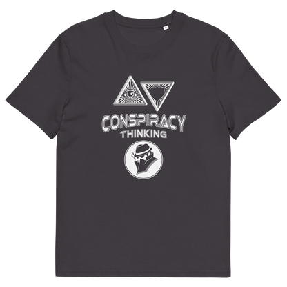 An anthracite grey short-sleeve t-shirt with a white graphic print on the front. The graphic features two triangles enclosing eyes and a heart, the words 'CONSPIRACY THINKING' in a distressed stencil font, and a circular logo of a man in a fedora and suit.
