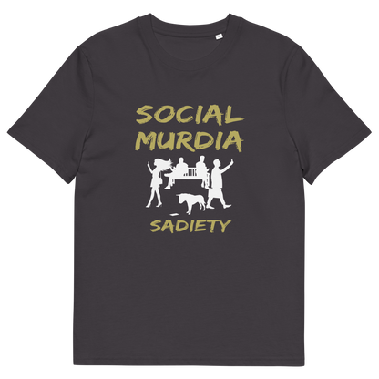 An anthracite grey t-shirt with a graphic print on the front. The print features the words 'SOCIAL MURDIA' in a textured gold font, a white silhouette of a group of people on smartphones and a dog, and the word 'SADIETY' in the same gold font below.