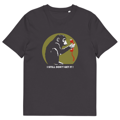 An anthracite grey t-shirt with a design of a monkey staring at an old style telephone receiver with text underneath saying "I STILL DON'T GET IT".