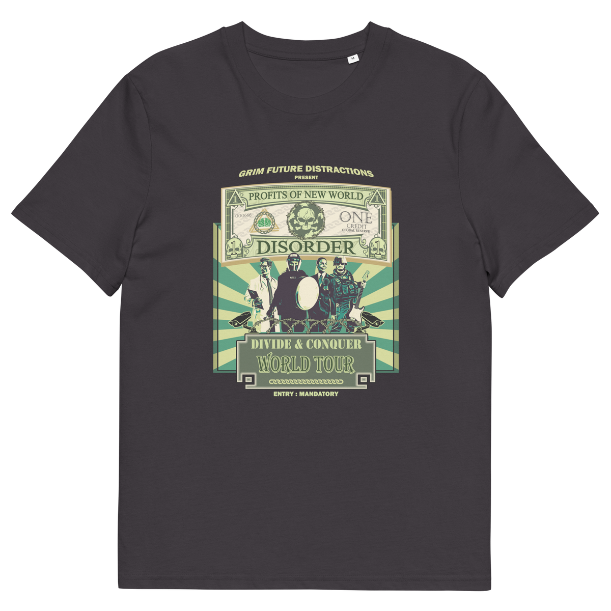 An anthracite t-shirt with a spoof world tour design of a band called "PROFITS OF NEW WORLD DISORER".