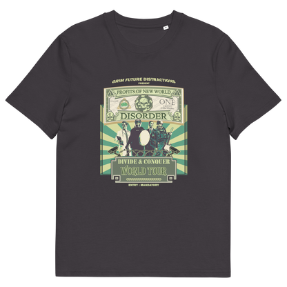 An anthracite t-shirt with a spoof world tour design of a band called "PROFITS OF NEW WORLD DISORER".