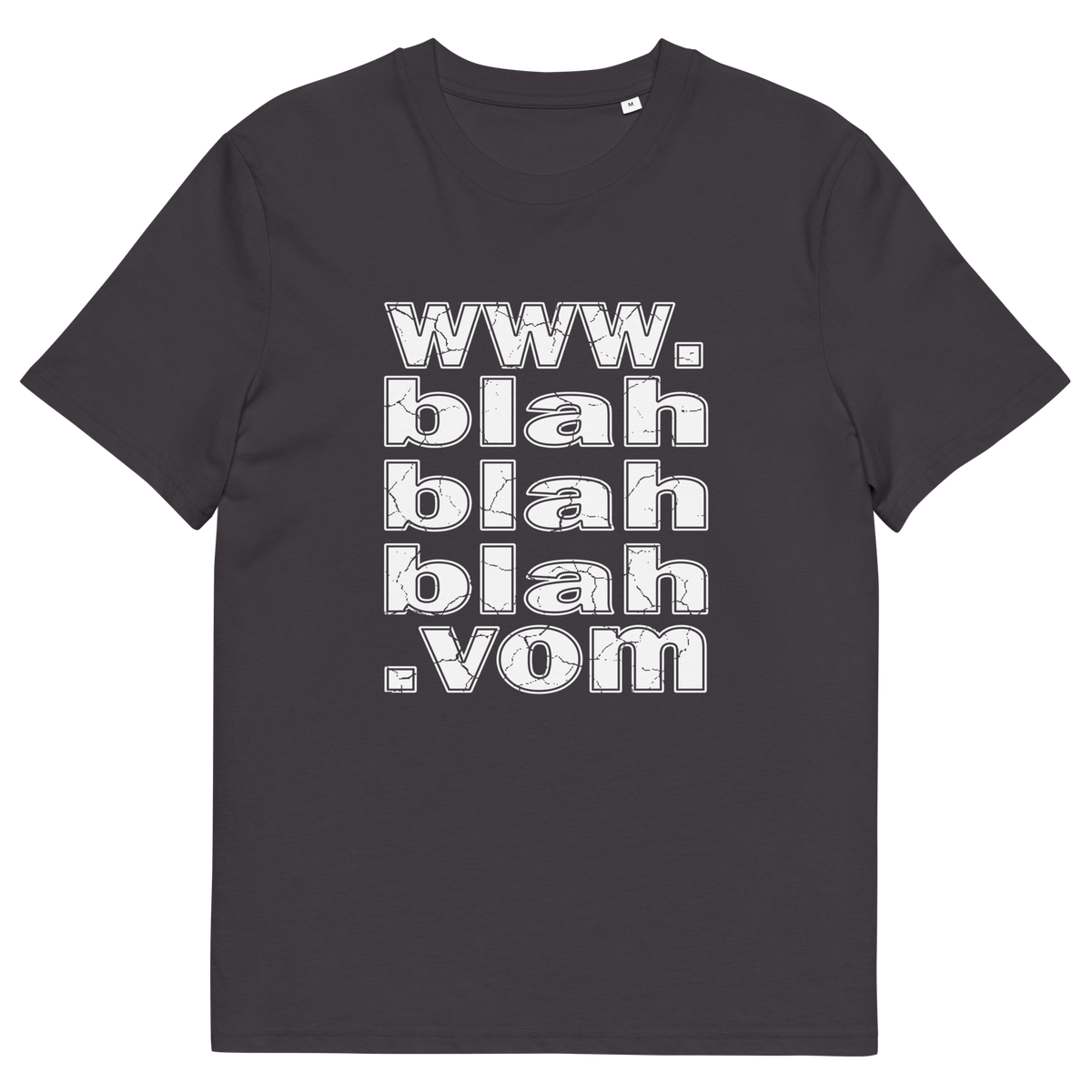Anthracite grey t-shirt with "www.blahblahblah.vom" text design.
