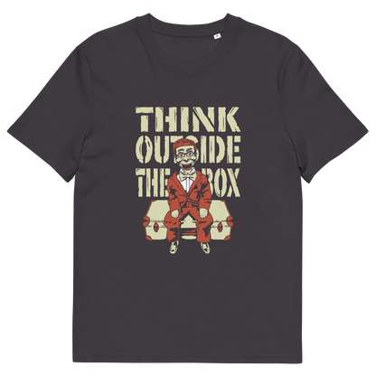 An anthracite grey  t-shirt featuring a graphic print on the front. The graphic displays the text 'THINK OUTSIDE THE BOX' in a distressed beige font above an illustration of a ventriloquist dummy.