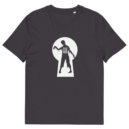 An anthracite grey  short sleeved t-shirt with a zombie through a key hole design with "DON'T BE BLINDED BY THE HIVE MINDED" text.