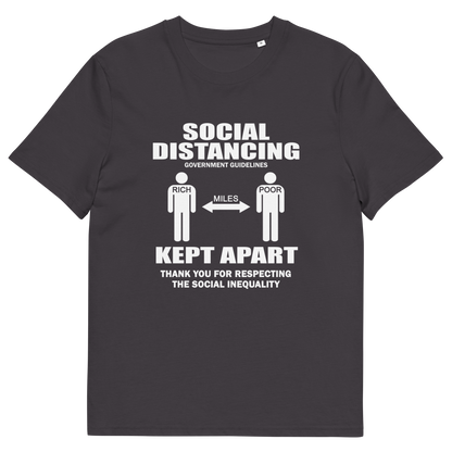 An anthracite short-sleeve crewneck t-shirt with a white graphic print on the front. The graphic features the text 'SOCIAL DISTANCING' and 'KEPT APART' with stick figures representing the recommended distance, labelled 'MILES'.