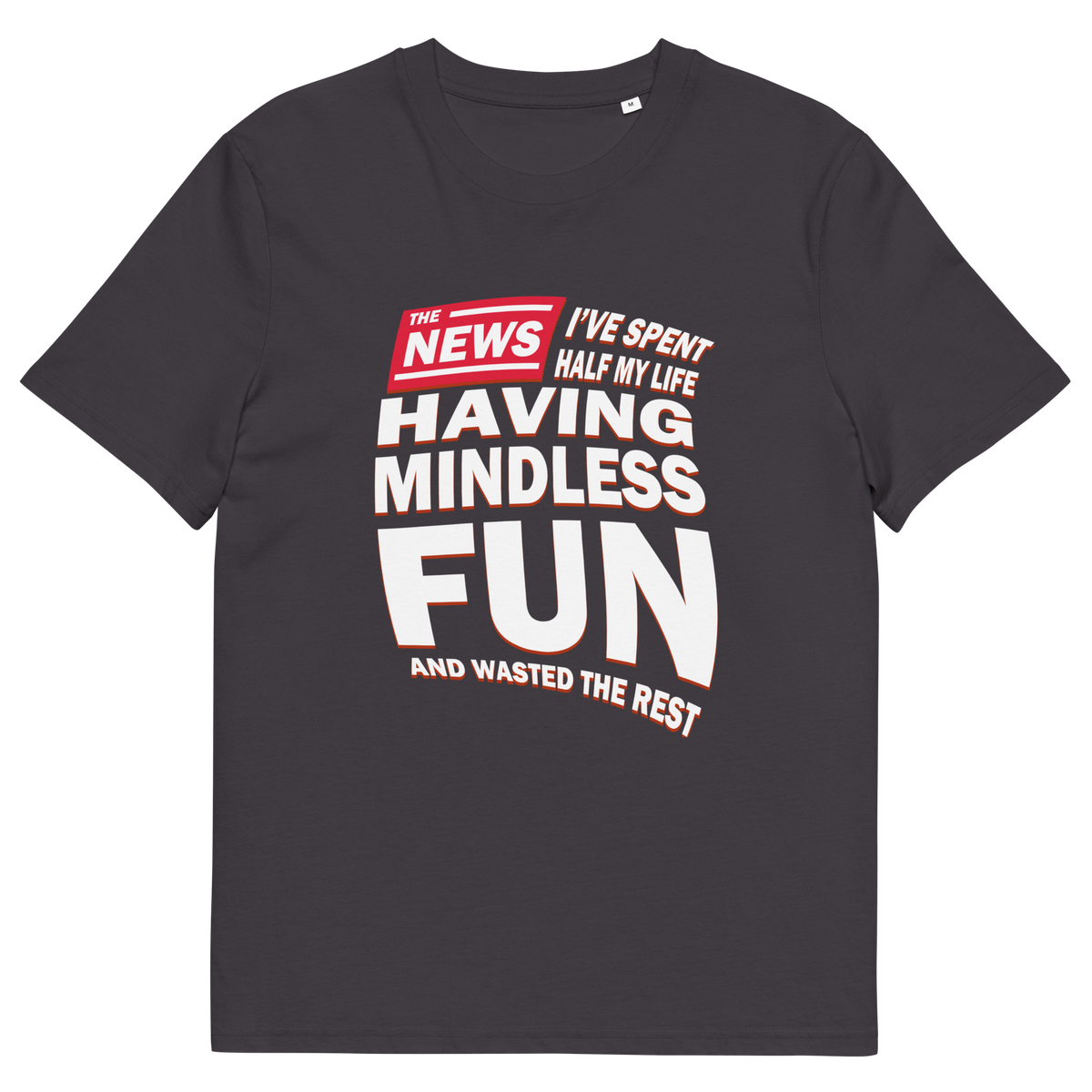 An anthracite short sleeved, crew necked t-shirt with a newspaper design with the headline " I'VE SPENT HALF MY LIFE HAVING MINDLESS FUN AND WASTED THE REST".