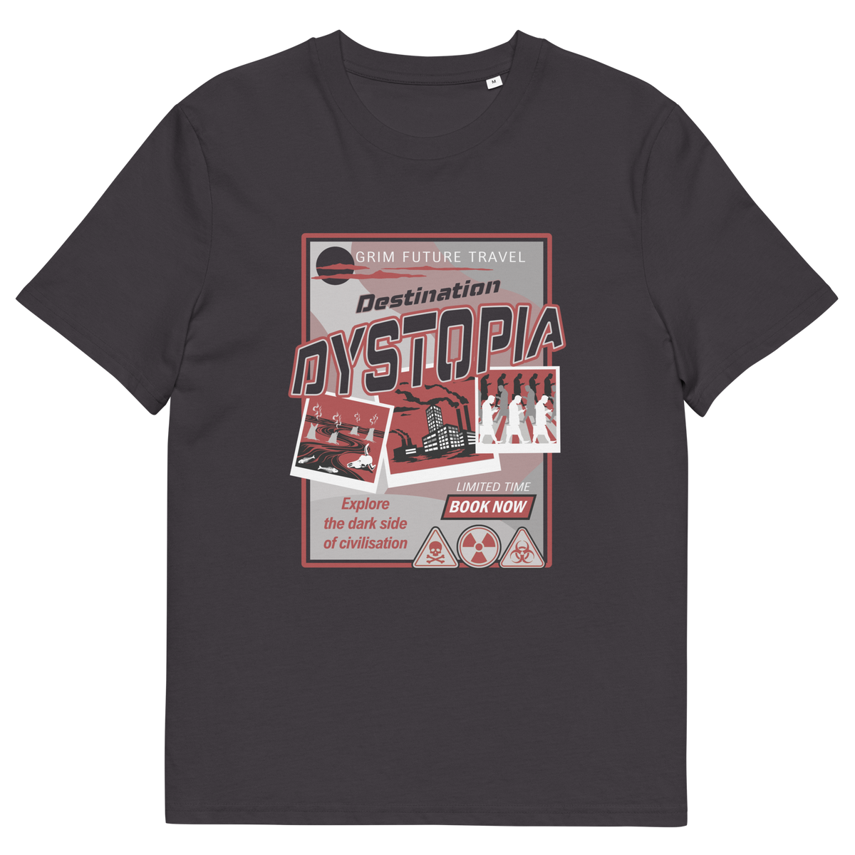 An anthracite, short sleeved, crew necked t-shirt with a spoof travel poster design with "Destination Dystopia" text.