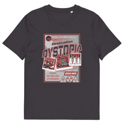 An anthracite, short sleeved, crew necked t-shirt with a spoof travel poster design with "Destination Dystopia" text.
