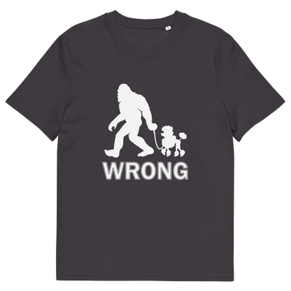 An anthracite, short sleeved, crew necked t-shirt with a white print graphic of bigfoot leading a poodle dog and the text "WRONG" written underneath,