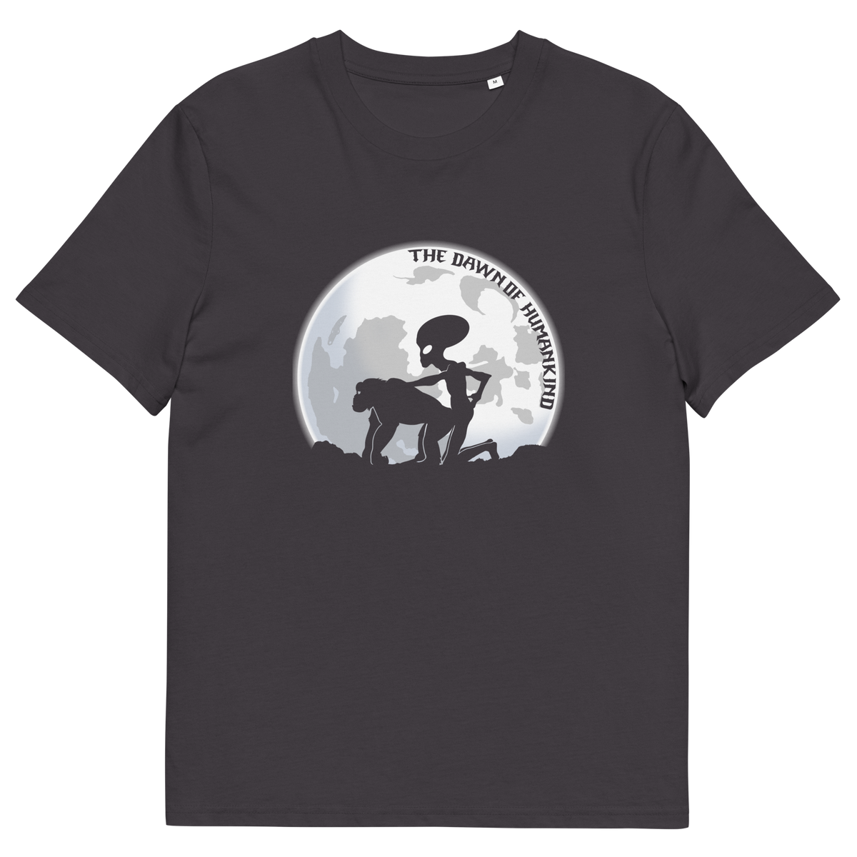 An anthracite, short sleeved, crew neck t-shirt with the silhouette of an alien and a monkey in front of the moon with the text "THE DAWN OF HUMANKIND".