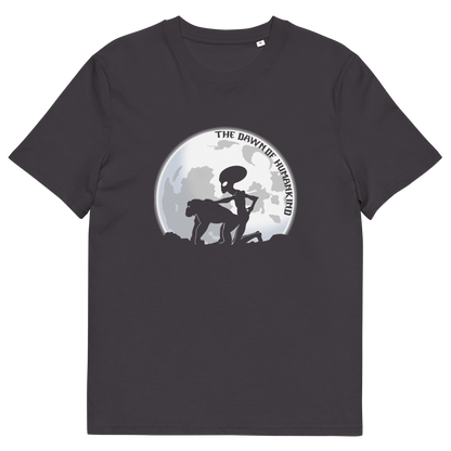 An anthracite, short sleeved, crew neck t-shirt with the silhouette of an alien and a monkey in front of the moon with the text "THE DAWN OF HUMANKIND".