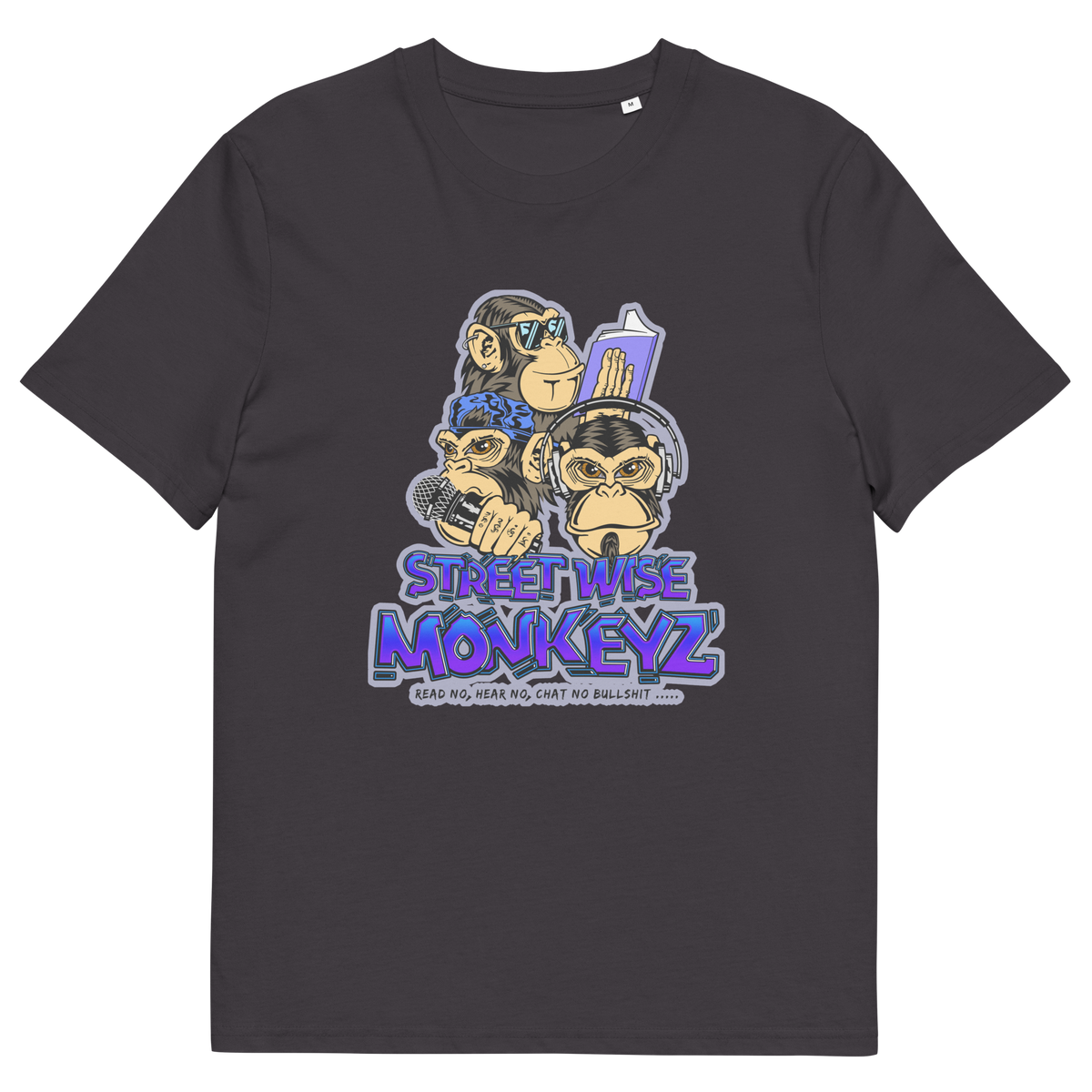 An anthracite short-sleeve crewneck t-shirt featuring a colourful graphic print of three cartoon monkeys with the text 'STREET WISE MONKEYZ' in purple and blue.