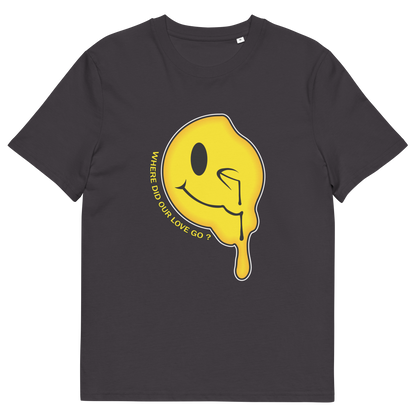 An anthracite  short sleeved crew neck t-shirt with a yellow dripping smiley face and the text "WHERE DID OUR LOVE GO?".