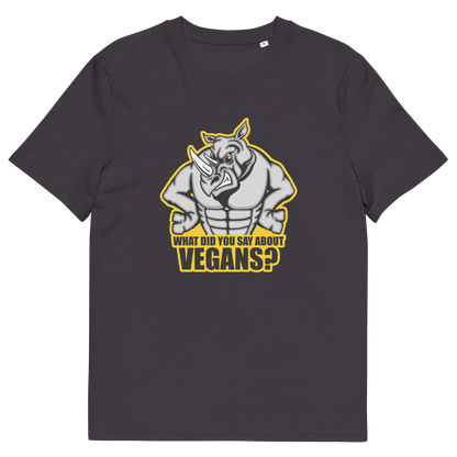 An anthracite short sleeved crew neck t-shirt with a cartoon Rhino design and the caption "WHAT DID YOU SAY ABOUT VEGANS?".