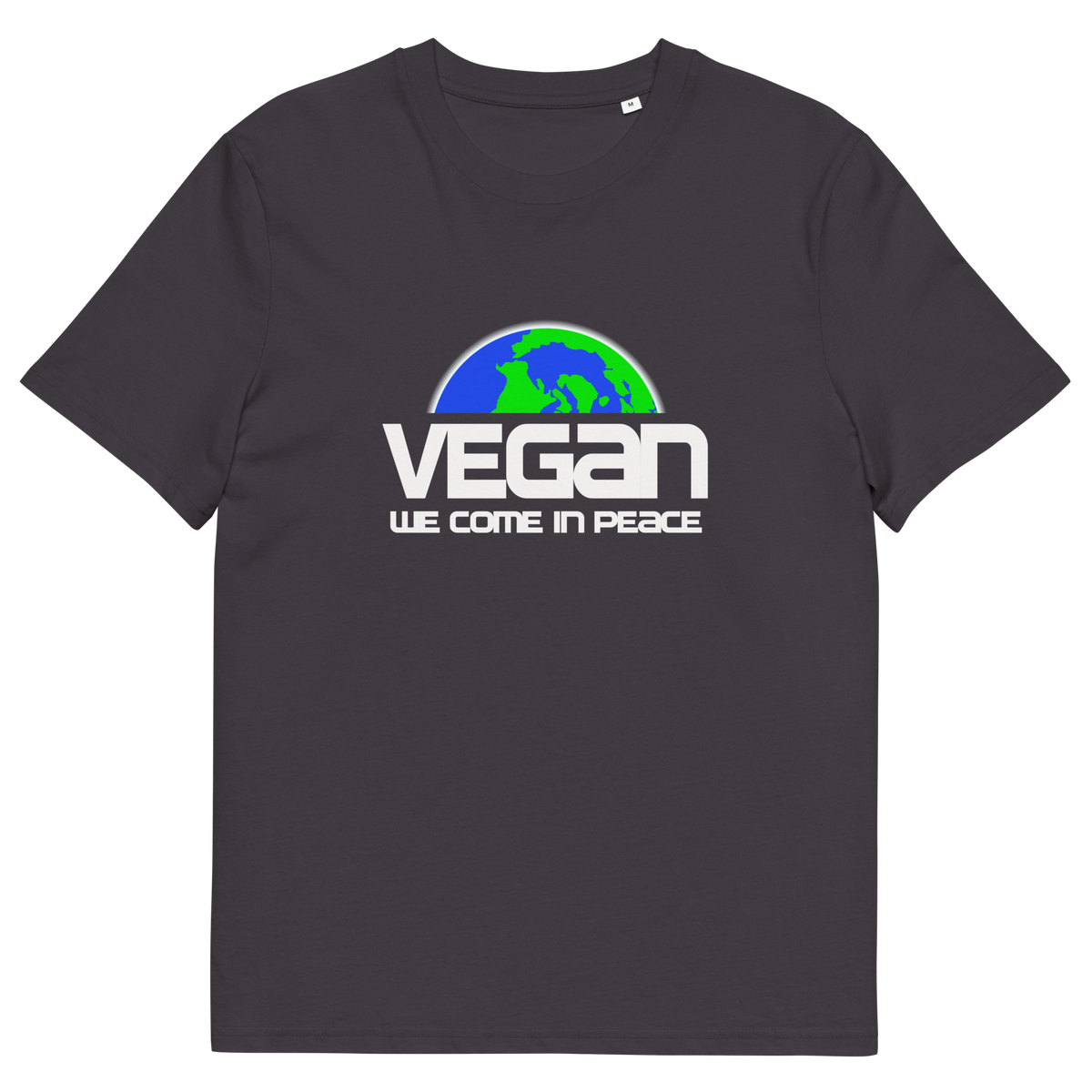 An anthracite grey short sleeved crew neck t-shirt with a graphic of half a globe with the text "VEGAN WE COME IN PEACE" under it.