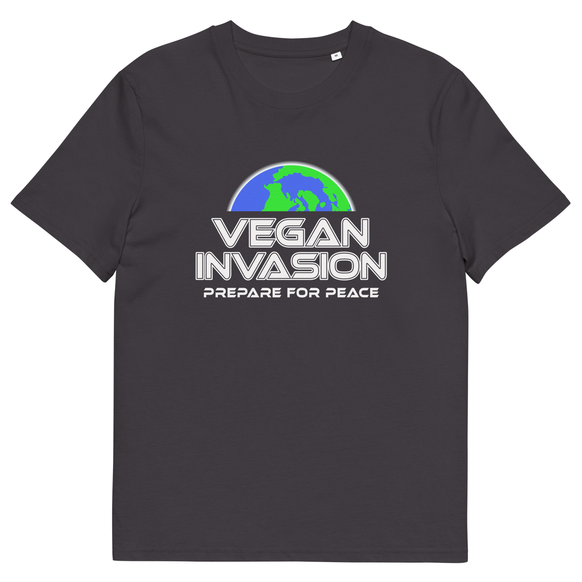 An anthracite grey short sleeved crew neck t-shirt with a graphic of half a globe with the text "VEGAN INVASION, PREPARE FOR PEACE" written in white underneath,