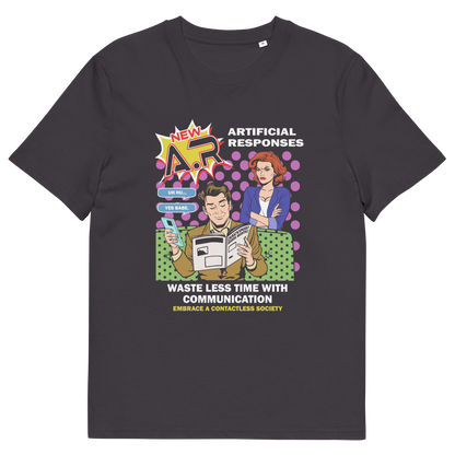 An anthracite grey  short sleeved crew neck t-shirt With a graphic of a pop art advert poster for "A.R ARTIFICIAL RESPONSES" with the text "WASTE LESS TIME WITH COMMUNICATION" written in white underneath.