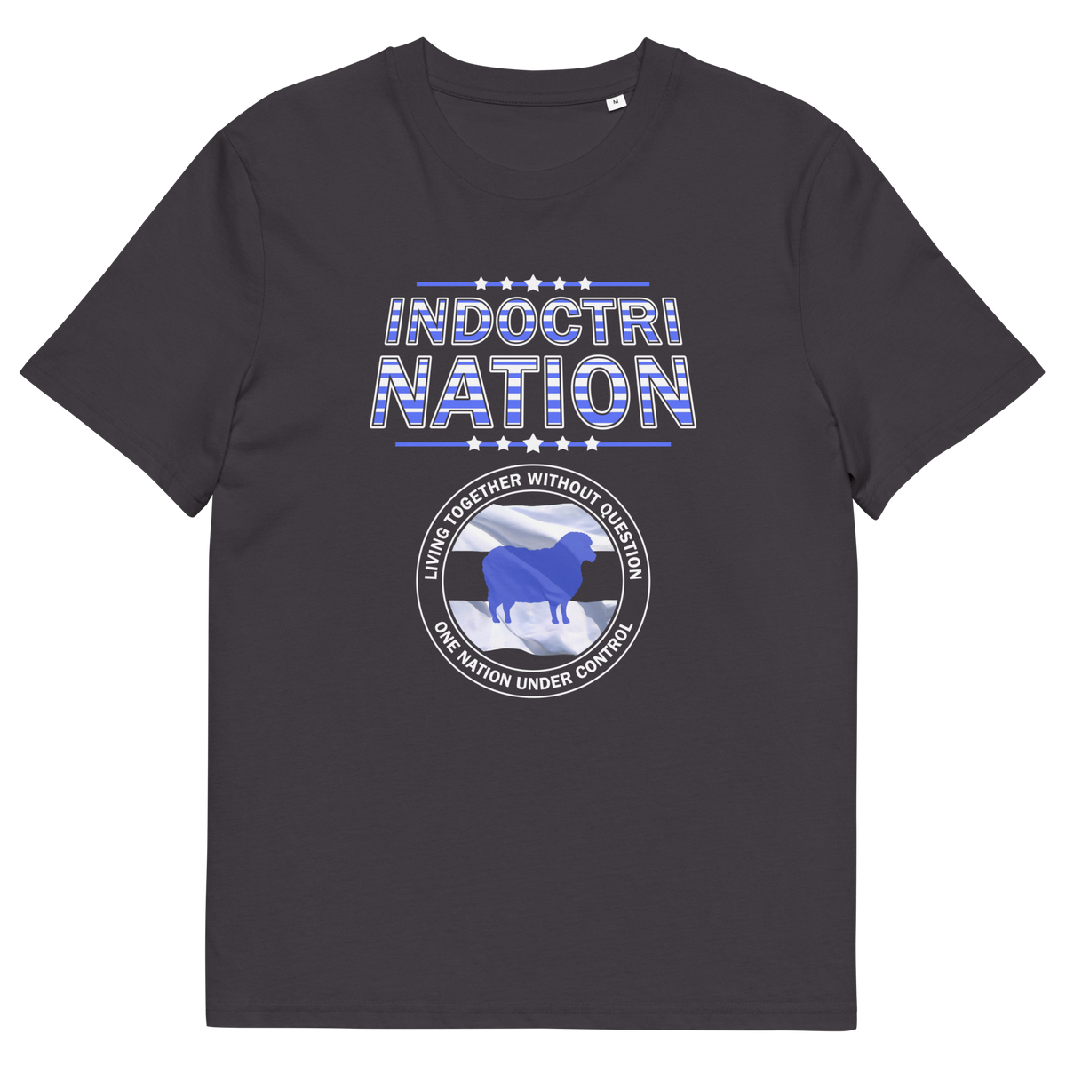 An anthracite grey short sleeved crew neck t-shirt with a logo of a sheep on a flag and the text "INDOCTRINATION" above it.