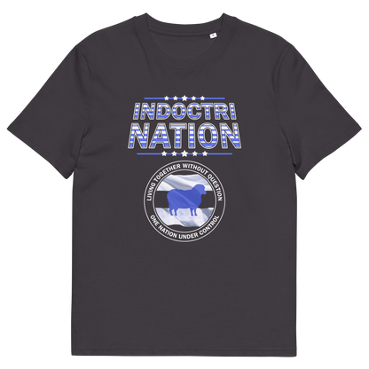 An anthracite grey short sleeved crew neck t-shirt with a logo of a sheep on a flag and the text "INDOCTRINATION" above it.