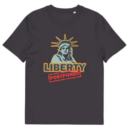 An anthracite grey short sleeved crew neck t-shirt with a crying Statue of Liberty design with the text "LIBERTY POSTPONED" underneath.
