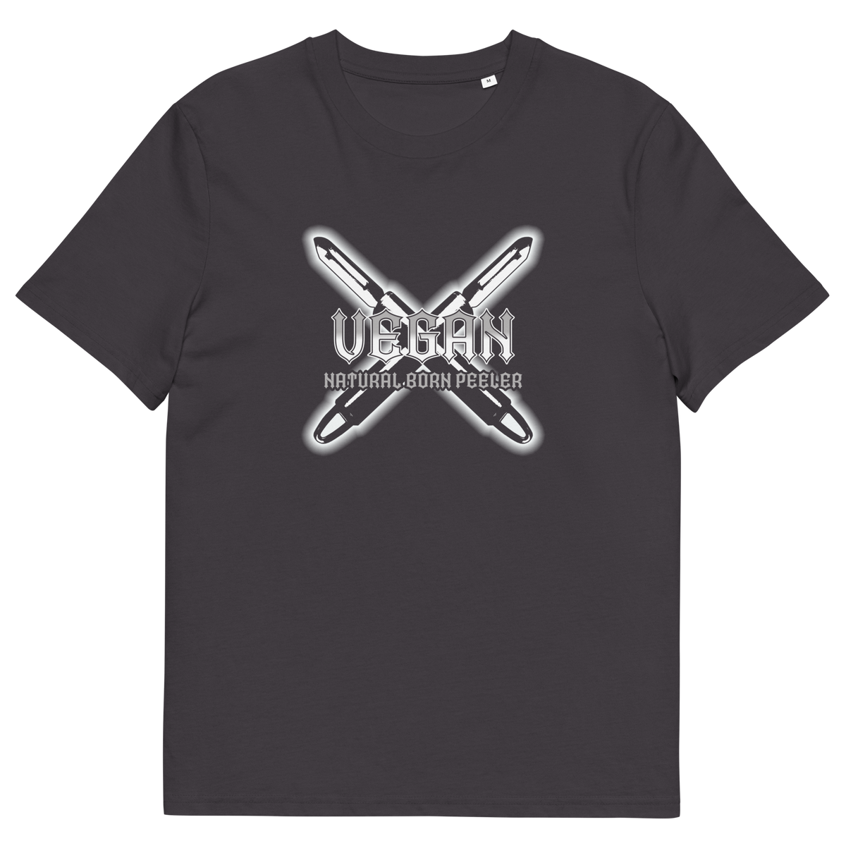 An anthracite grey short sleeved crew neck t-shirt with a graphic of two crossed vegetable peelers and the text "VEGAN, NATURAL BORN PEELER" printed over the top.