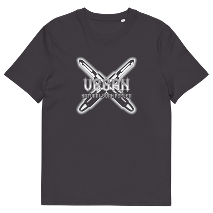 An anthracite grey short sleeved crew neck t-shirt with a graphic of two crossed vegetable peelers and the text "VEGAN, NATURAL BORN PEELER" printed over the top.