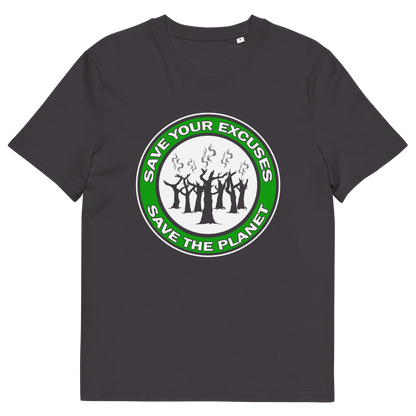 An anthracite grey short sleeved crew neck t-shirt with "SAVE YOUR EXCUSES, SAVE THE PLANET" text written around burning tree stumps.